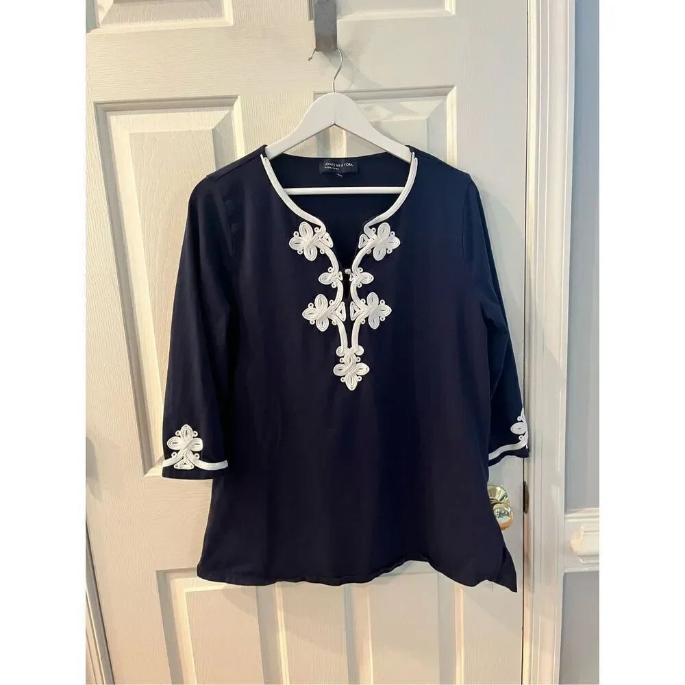 Jones New York Signature Navy & White Appliqué Tunic Too sz XL EUC